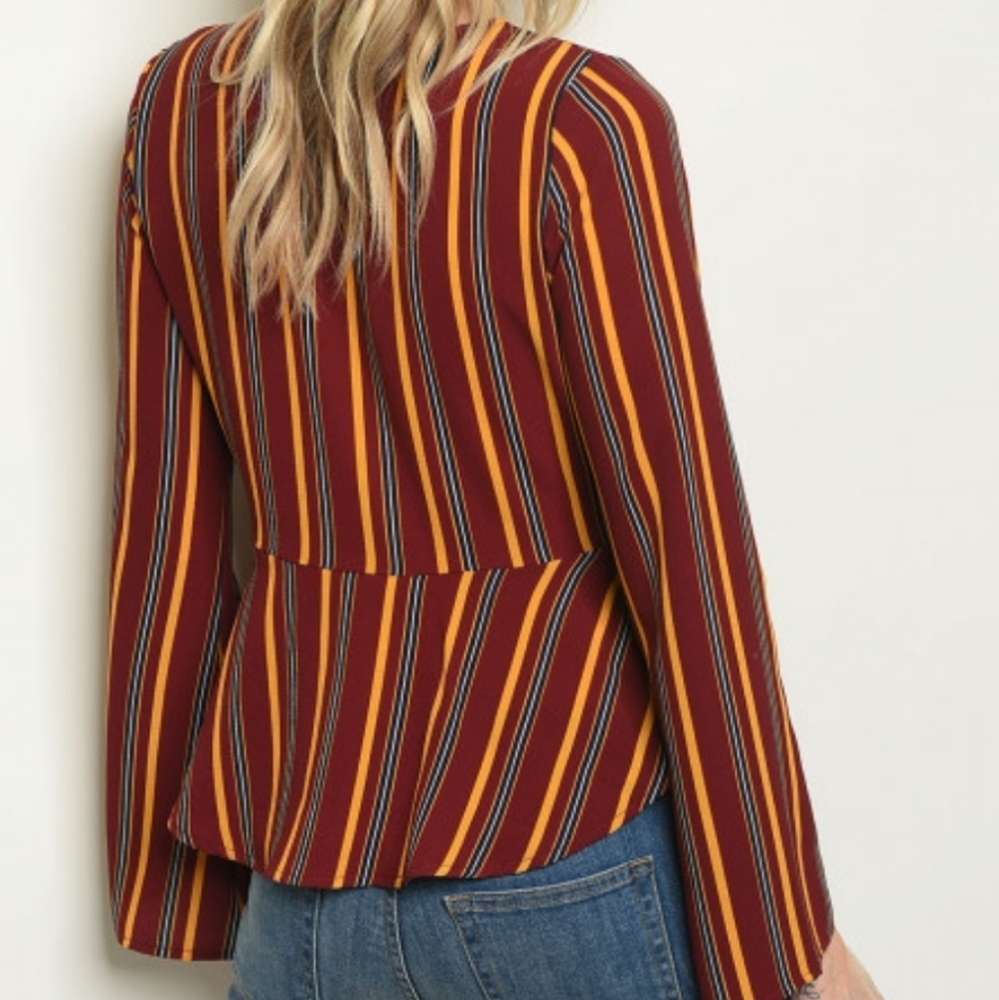 Boutique Deep V Tie Front Peplum Blouse Bell Sleeve Striped Top Medium NWT - Picture 4 of 6